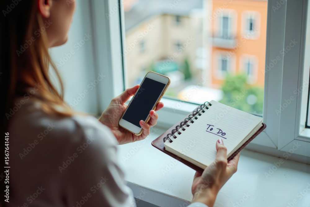 Poster modern artistic composition: hands holding mobile phone and diary with to-do list in background