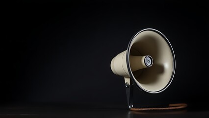 Vintage megaphone on wooden table with dramatic lighting, highlighting nostalgic and bold aesthetics.