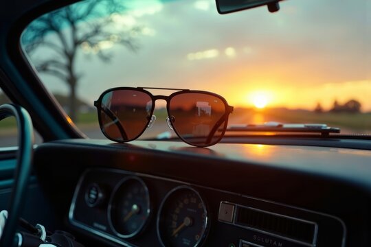 Fototapeta Sunset Reflection on Sunglasses in Vintage Car Dashboard