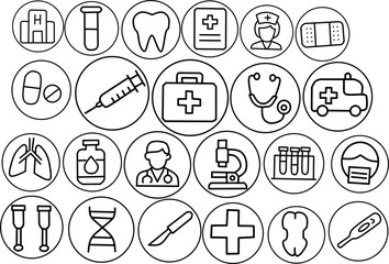 Collection of black line medical icons in circular frames, including hospital, doctor, syringe, stethoscope, DNA, ambulance, and surgical tools.