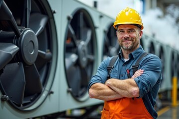 Industrial Air Conditioning Technician: A Portrait of Confidence and Skill in Front of Massive Cooling System