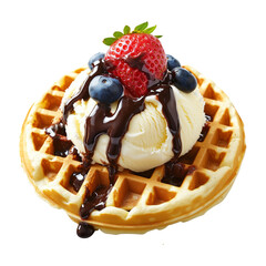 Waffle topped with vanilla ice cream, chocolate syrup, raspberry, and blueberries isolated on white transparent background, concept of sweet dessert