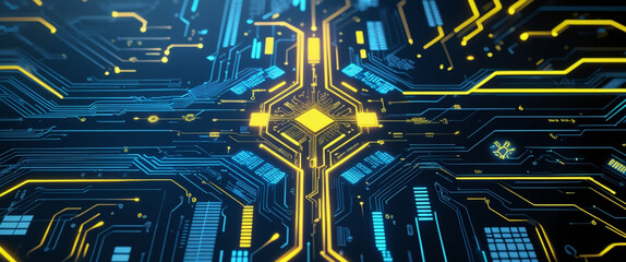 High-tech neon circuit board background with glowing blue and yellow lines on black, featuring digital data flow, geometric cyber patterns, and a radiant futuristic CPU interface design