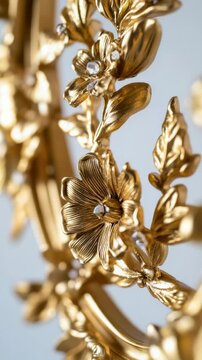 A detailed view of a gold clock adorned with flowers, perfect for highlighting time and beauty