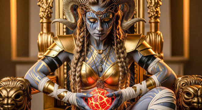 Powerful horned sorceress adorned in gold armor and intricate tribal paint, holding a glowing magical orb with intense focus, embodying a mythical fantasy deity on a throne