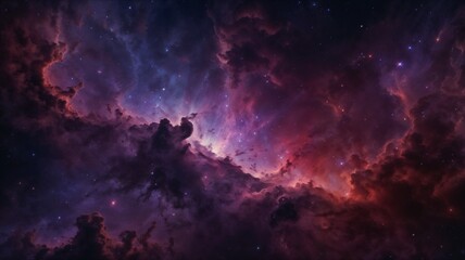 Fototapeta premium Deep space background with dark galaxy clouds and glowing nebula lights in red and purple tones, highly detailed, 4k sci-fi look