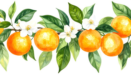 Botanical Orange Tree Painting with White Blossoms and Fruit
