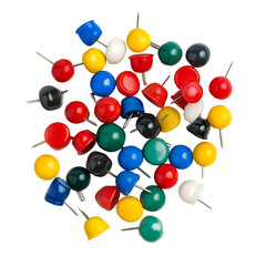 Colorful pushpins scattered on black background office supplies stationery