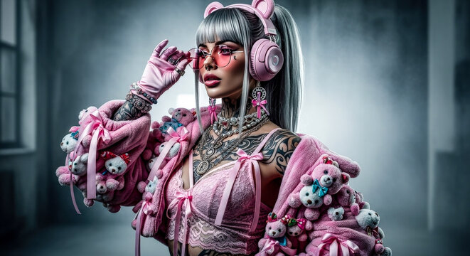 Eccentric woman with silver hair, pink cat-ear headphones, and a playful teddy bear coat, striking a pose with pink glasses, showcasing a bold and unique fashion statement