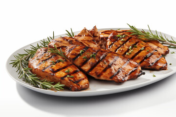  Grilled chicken skewers with herbs on round white plate