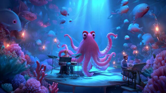 A dancing octopus performing on a glowing underwater stage with fish playing instruments in a coral theater