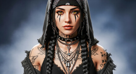 Captivating woman with striking yellow eyes, tribal-inspired face paint, and intricate tattoos, wearing a bandana and hooded garment with layered chains and a confident expression