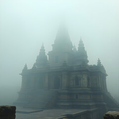 an ancient stone temple shrouded in dense, atmospheric fog,