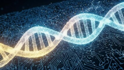Vibrant glowing DNA helix on a futuristic blue circuit board, symbolizing genetic engineering, digital biology, and advanced technology in science - Powered by Adobe