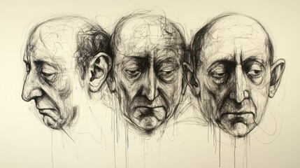 Expressive Portraits of a Thoughtful Male Character in Three Angles