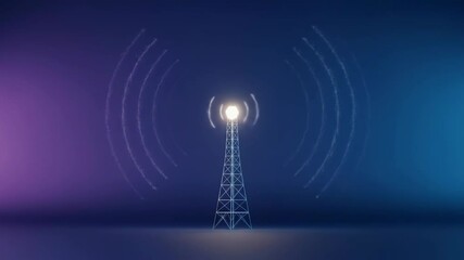 Digital communication tower emitting glowing radio waves against a purple and blue gradient background, symbolizing wireless technology, network connectivity, and global communication.