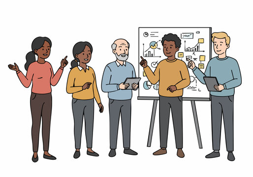 Diverse team collaborates on business analysis using whiteboard charts and graphs during a meeting or presentation. - Powered by Adobe