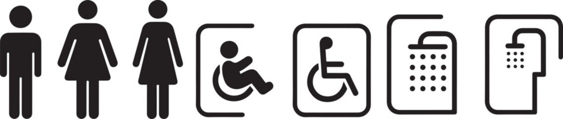 
A vector image displaying a series of black outline icons on a white background, representing public facility signs for male, female, transgender/gender-neutral, accessible, and two types of showers.
