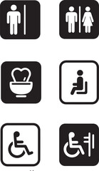 PrintA black and white vector image featuring various universal facility signs: male, combined male/female, dental care, waiting area, and two accessible icons.