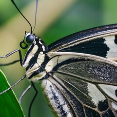Extreme Close-up of Black and White Butterfly Wing Detail; Serene, Natural Macro Photography.