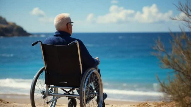 Disabled person concept - Paralyzed man in wheelchair feeling depressed. Lonely sick man sitting in wheelchair. 