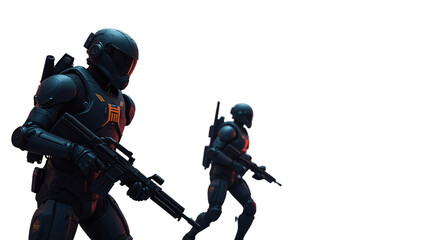 Soldiers in Sleek Exosuits Battling Humanoid Robots in a Neon-Lit Urban Environment