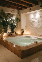 Warm, spa-like hot tub room, with plants and candles