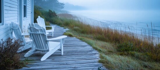 Coastal porch with white Adirondack chairs on a foggy morning