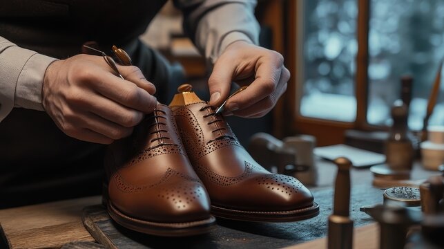 Expert artisan crafting elegant brown leather shoes in workshop