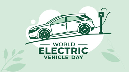Eco-Friendly Electric Vehicle Charging:  A Modern, Clean Illustration for World Electric Vehicle Day, Featuring a White SUV at a Charging Station, Green Accents, and a Minimalist Style.