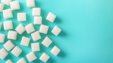 White sugar cubes are scattered on a turquoise, eye-level background. A clean image ideal for health, diet, or baking concept.