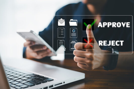 Digital interface designed for business automation, concept of document review is visualized by finger pressing green check mark icon, symbolizing approval or rejection ideal decision making workflow
