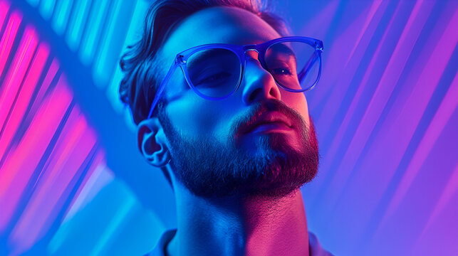 Man with beard and glasses under blue pink lights looking up - Powered by Adobe
