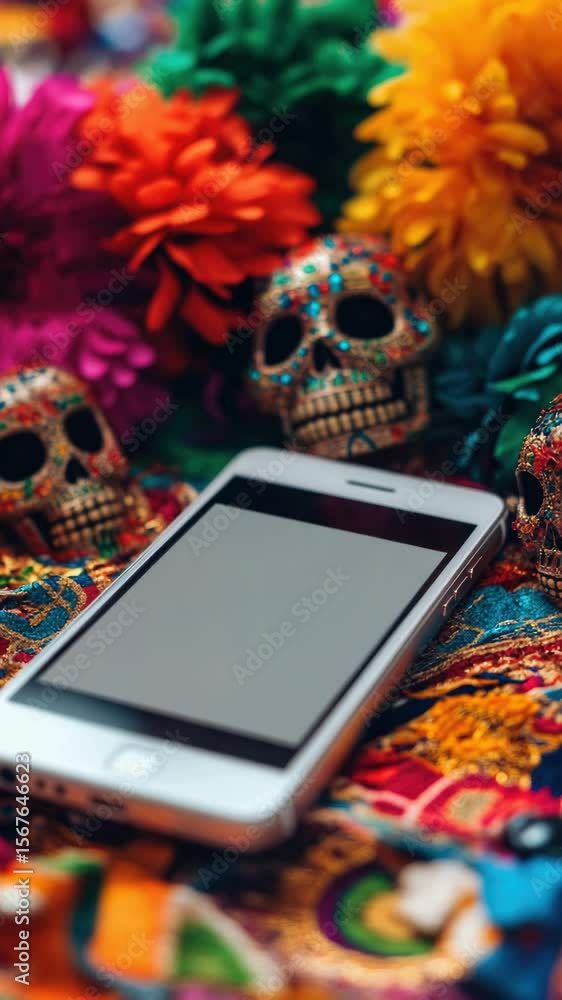 Aufkleber a cell phone resting on a vibrant cloth with a unique pattern