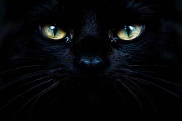 Mysterious Black Cat Intense Yellow Eyes Staring Dark Background