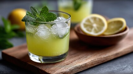 Cocktail citronne glace avec menthe fraiche sur planche en bois