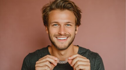 Handsome man with aligners, smiling, on plain background. Perfect image to illustrate teeth alignment process.