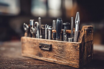 Wooden toolbox filled with various metal tools