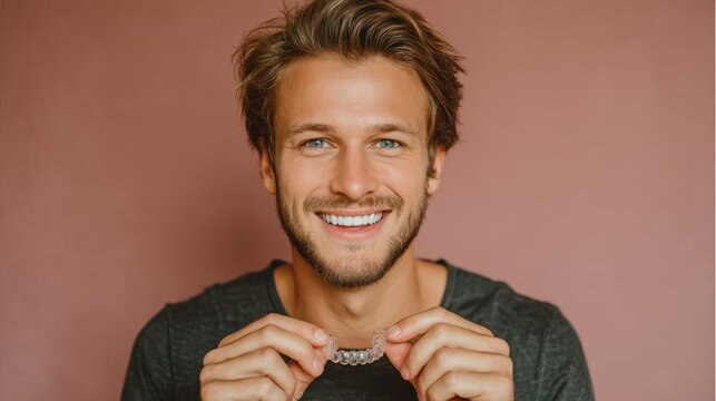 Handsome man with aligners, smiling, on plain background. Perfect image to illustrate teeth alignment process.
