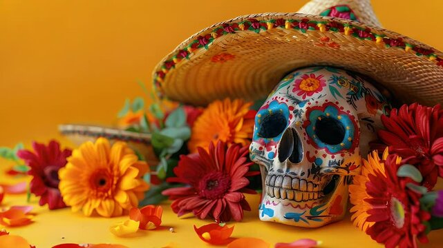 Colorful celebration composition with a decorative skull and vibrant flowers against an orange backdrop