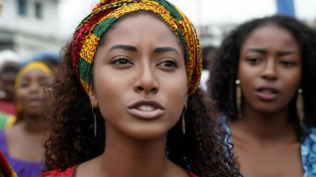 Vibrant outdoor gathering with expressive young women in colorful attire. Emancipation Day (Guyana)