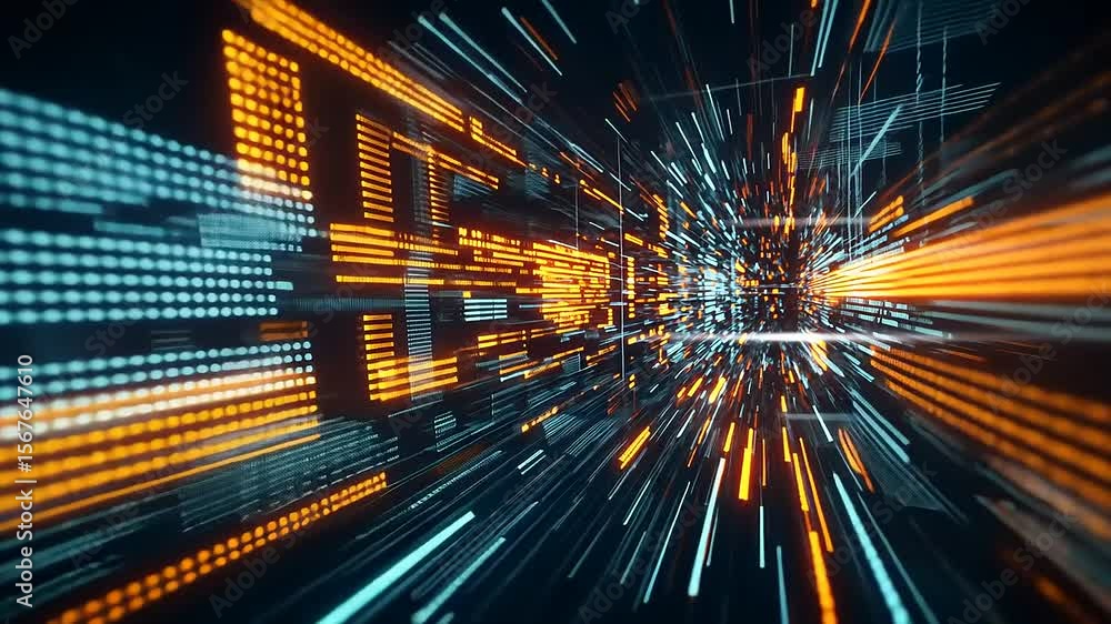 Aufkleber futuristic digital data stream with vibrant orange and blue light trails creating a dynamic effect