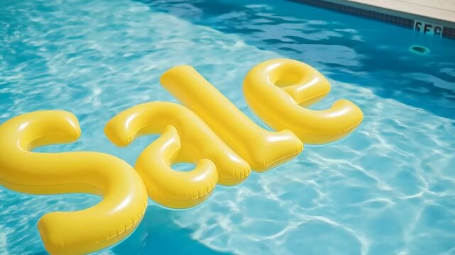 Bright yellow inflatable "SALE" letters floating on sparkling blue swimming pool water, symbolizing summer promotions, seasonal discounts, and attractive retail offers