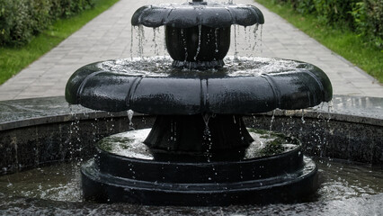 Low-angle view of water splashing from the scalloped bowl of a vintage cast‑iron fountain set...