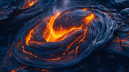 Swirling lava flow molten core with textured cooling dark rock