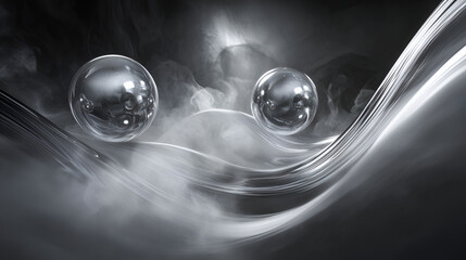 Two chrome spheres hover above a swirling reflective surface in a dark smoky setting