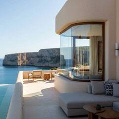 Terrasse de luxe avec vue imprenable sur la mer et ses falaises. Salon élégant avec de grandes baies vitrées.