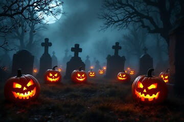 Spooky Pumpkins Glowing in Cemetery Halloween Dark Background Scene