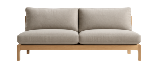 Low-profile sofa with a minimalist wooden frame for a modern apartment living room.