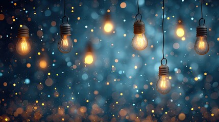 Obraz premium Vintage Edison bulbs hang against a dark blue bokeh background